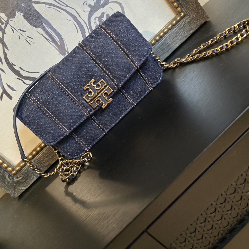 Tory Burch Women’s Britten Denim Chain Wallet Wristlet Convertible Bag